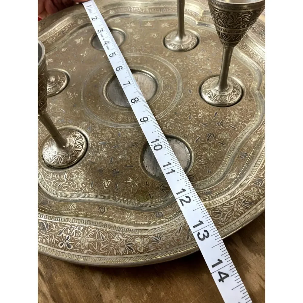 VTG Hand-Etched Brass Cocktail Shaker Set Tray 6 Goblets MCM